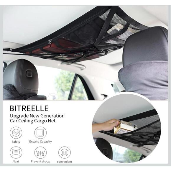 Car Ceiling Cargo Net Pocket 31"x21" Adjustable Cross Strap Roof Storage SUV B3 - Picture 2 of 5